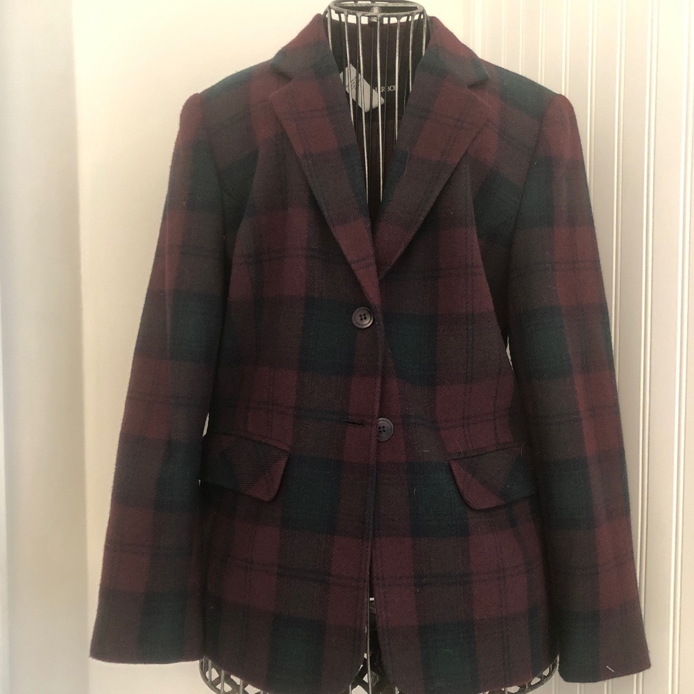 Fall Merlot Green Purple Wool Plaid Business Casual Medium Blazer
